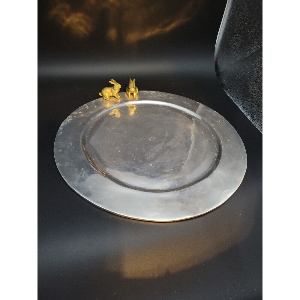 RARE Vintage Bunny Round Aluminum Platter Tray Brass Rabbits by HERCO SA Large